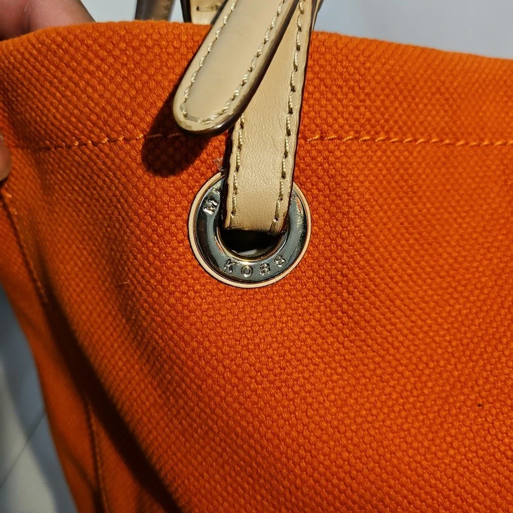 Michael Kors Large Orange Canvas Tote Beige Leather Handles
